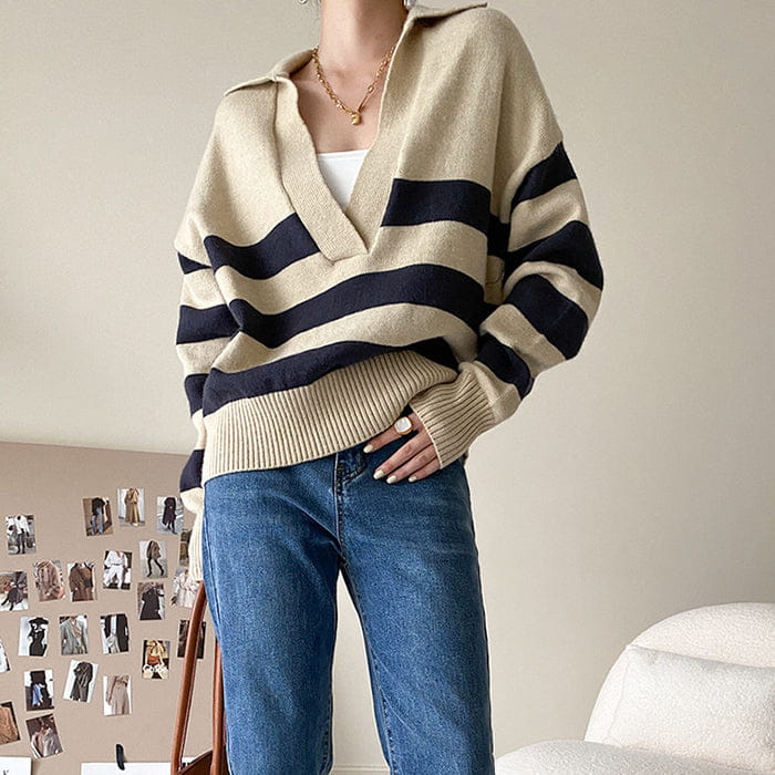 Preppy Collar Striped Pullover - Sweater