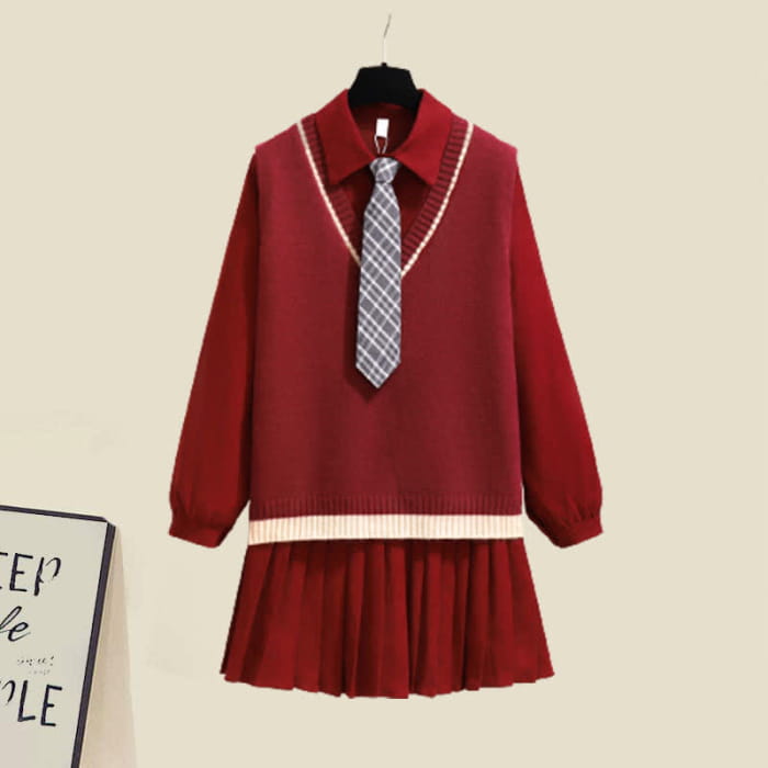 Preppy style Knit Vest Lapel Tie Pleated Shirt Dress Set