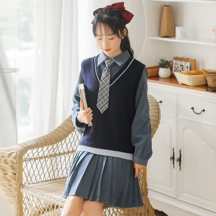Preppy style Knit Vest Lapel Tie Pleated Shirt Dress Set