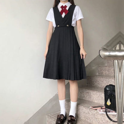 Preppy Style Tie Pleated Suspender Skirt Set