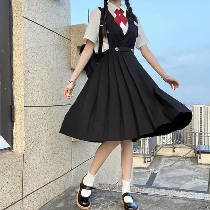 Preppy Style Tie Pleated Suspender Skirt Set