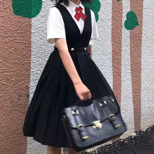 Preppy Style Tie Pleated Suspender Skirt Set
