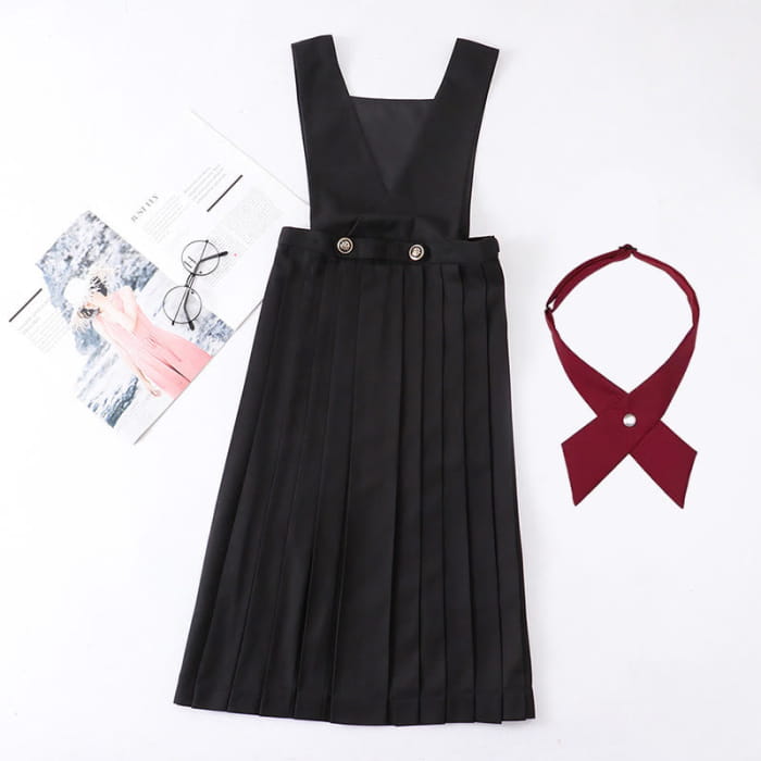 Preppy Style Tie Pleated Suspender Skirt Set - Black Skirt