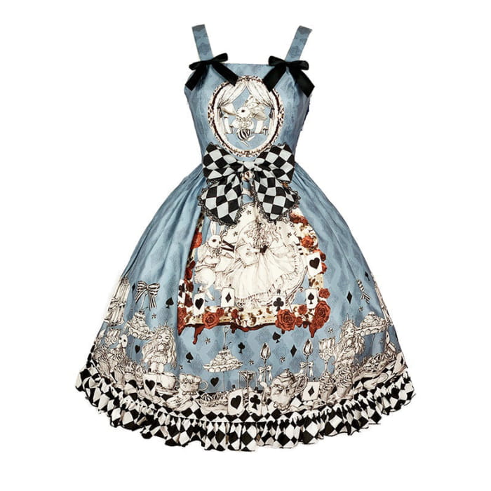 Princess Print Bow Lolita Suspender Dress - Blue / S