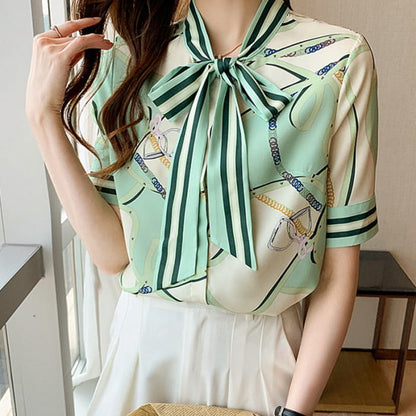 Print Bow Knote Loose Shirt - Green / M