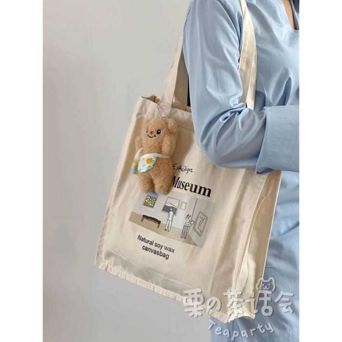 Print Canvas Tote Bag / Charm / Set - 01 - With Bear - Blue