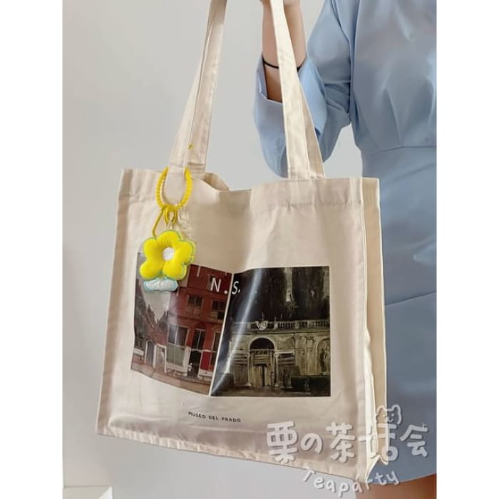 Print Canvas Tote Bag / Charm / Set - 01 - With Flower