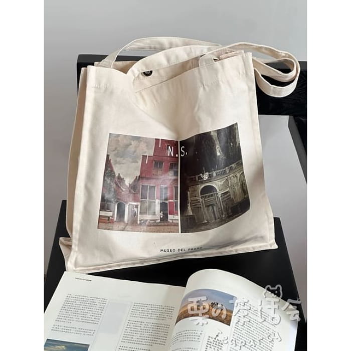 Print Canvas Tote Bag / Charm / Set - 03 - Without - Red &