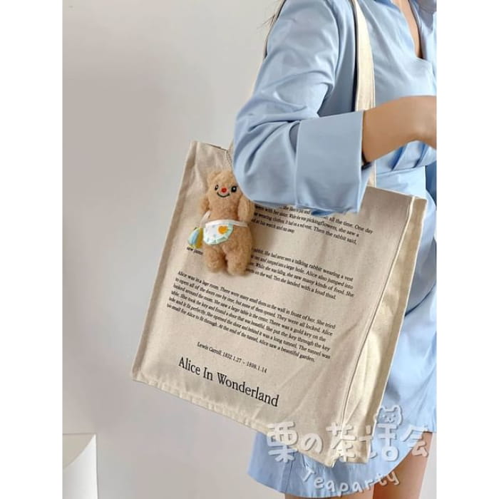 Print Canvas Tote Bag / Charm / Set - 04 - With Bear