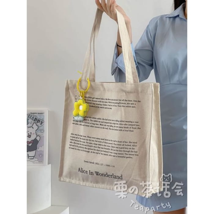 Print Canvas Tote Bag / Charm / Set - 04 - With Flower