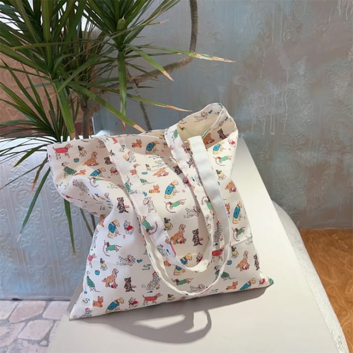 Print Canvas Tote Bag - Dog - White / One Size