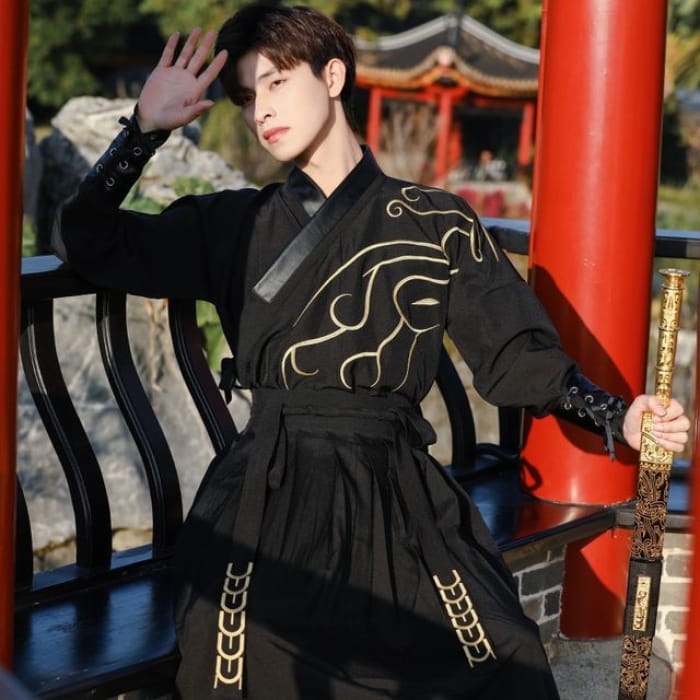 Print Hanfu Costume Set - With Forearm - Black / S