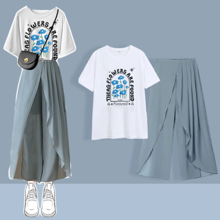 Printed T-Shirt Chiffon Pleated Split Pants Set - Blue C / M