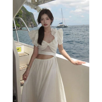 Puff-Sleeve Asymmetrical Plain Bow Cutout Midi Sundress