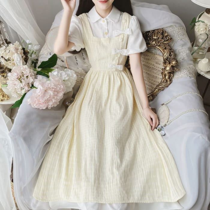 Puff Sleeve Collared Bow Mock Two Piece Midi A-Line Dress