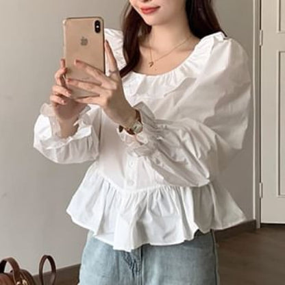 Puff Sleeve Collared Plain Ruffle Blouse