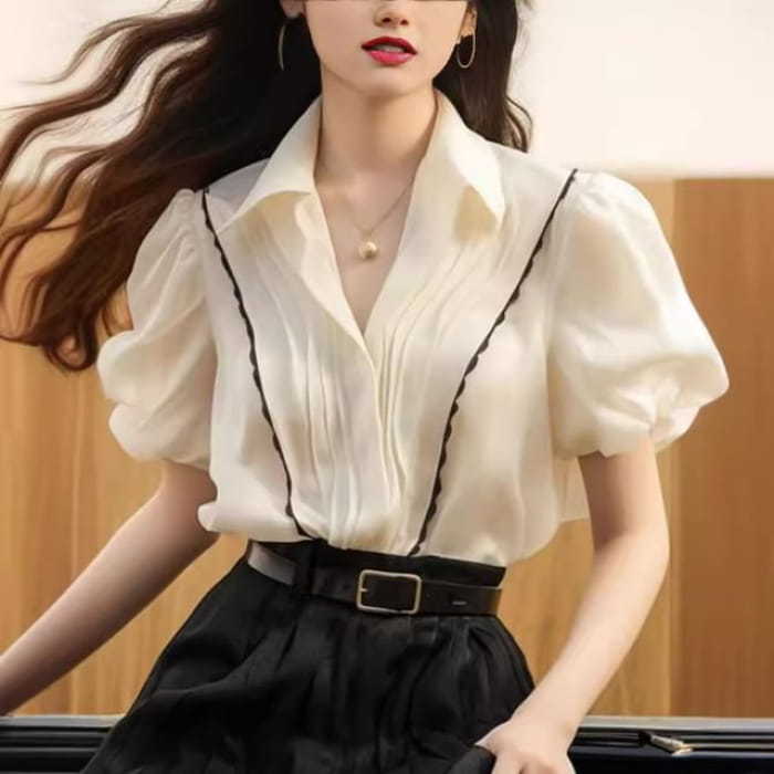 Puff-Sleeve Contrast Trim Blouse - Off-White / M