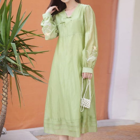 Puff-Sleeve Floral Embroidered Frog Buttoned Ruffled Midi