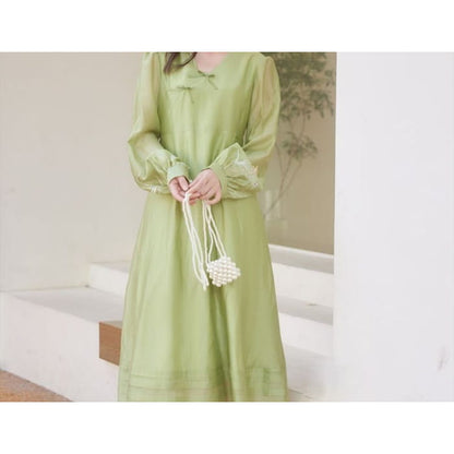 Puff-Sleeve Floral Embroidered Frog Buttoned Ruffled Midi