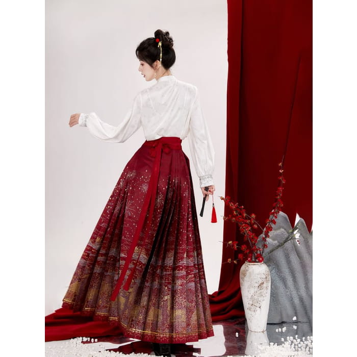 Puff-Sleeve Floral Jacquard Hanfu Top / High Waist Printed