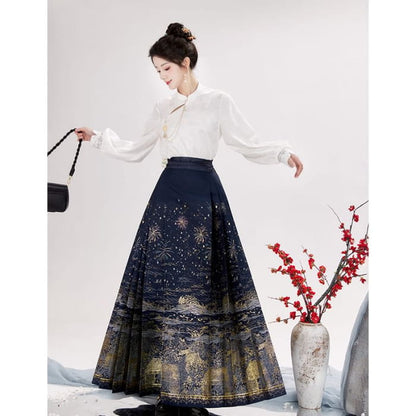 Puff-Sleeve Floral Jacquard Hanfu Top / High Waist Printed