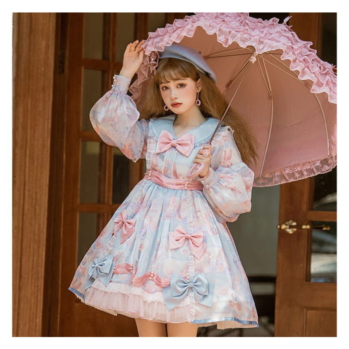 Puff-Sleeve Floral Print Bow Lolita Dress (Various Designs)