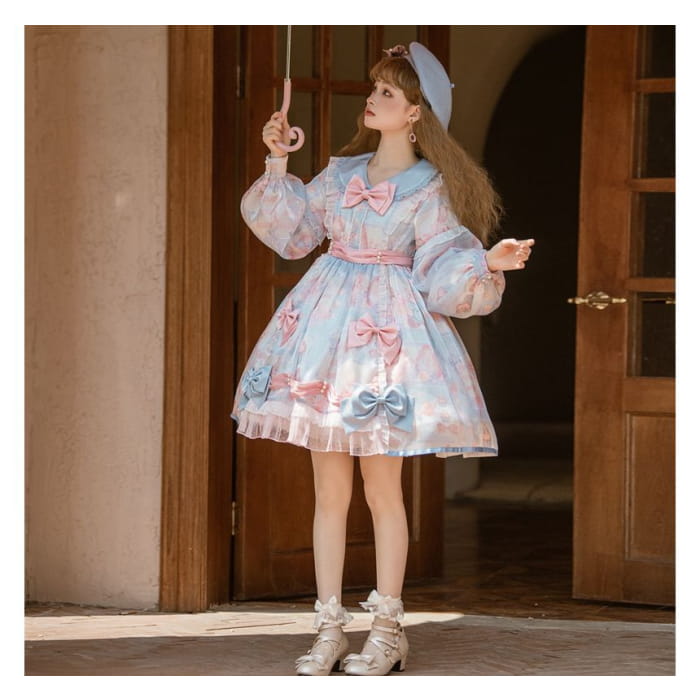 Puff-Sleeve Floral Print Bow Lolita Dress (Various Designs)