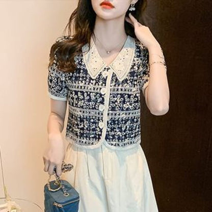 Puff-Sleeve Floral Print Lace Collar Button-Up Blouse