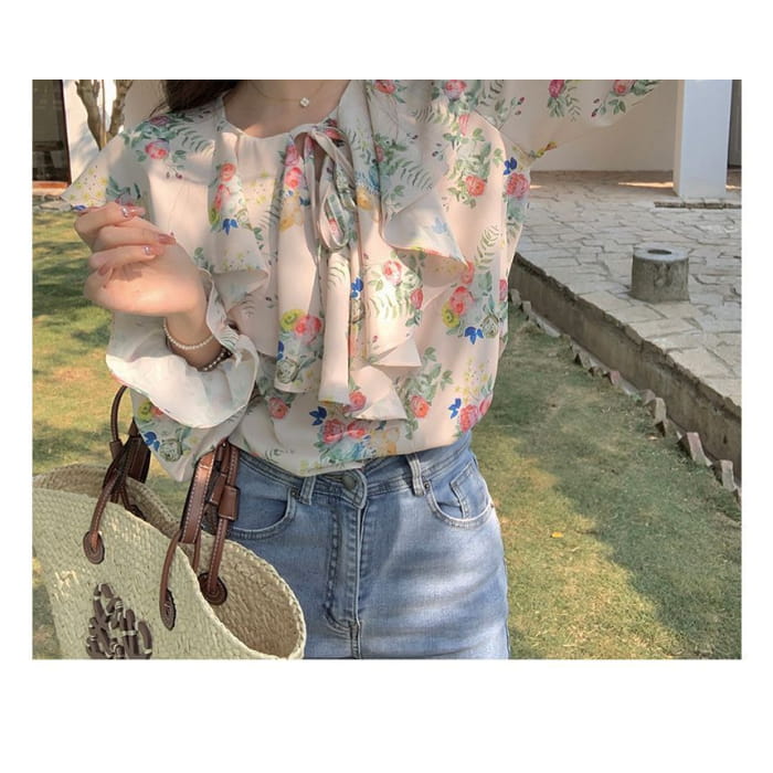 Puff-Sleeve Floral Print Ruffled Drawstring Blouse