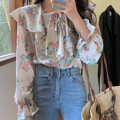 Puff-Sleeve Floral Print Ruffled Drawstring Blouse