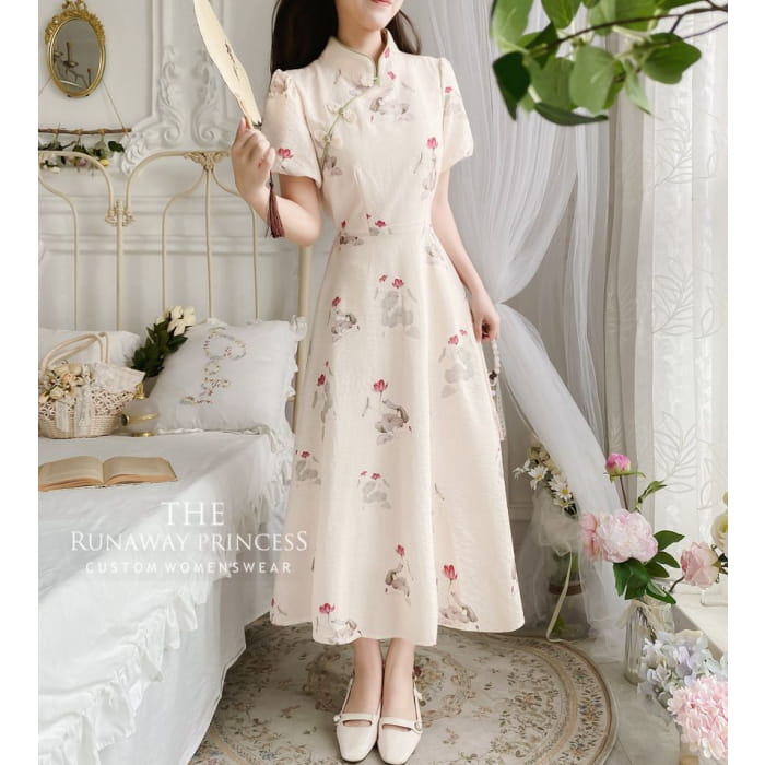 Puff Sleeve Mandarin Collar Floral Print Midi A-Line Dress