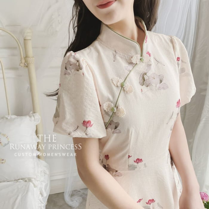 Puff Sleeve Mandarin Collar Floral Print Midi A-Line Dress