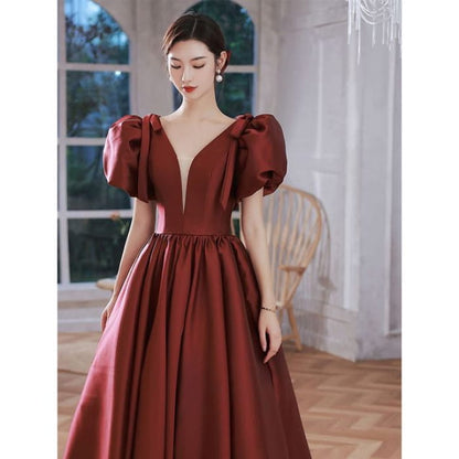 Puff-Sleeve Mesh Panel Plain A-Line Evening Gown - Wine Red