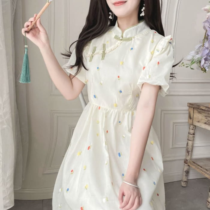 Puff-Sleeve Mock Neck Flower Embroidered Ruffle Midi A-Line