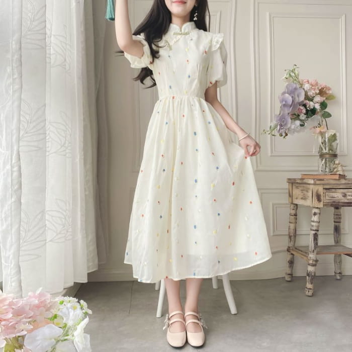 Puff-Sleeve Mock Neck Flower Embroidered Ruffle Midi A-Line