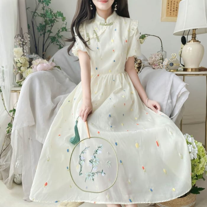 Puff-Sleeve Mock Neck Flower Embroidered Ruffle Midi A-Line