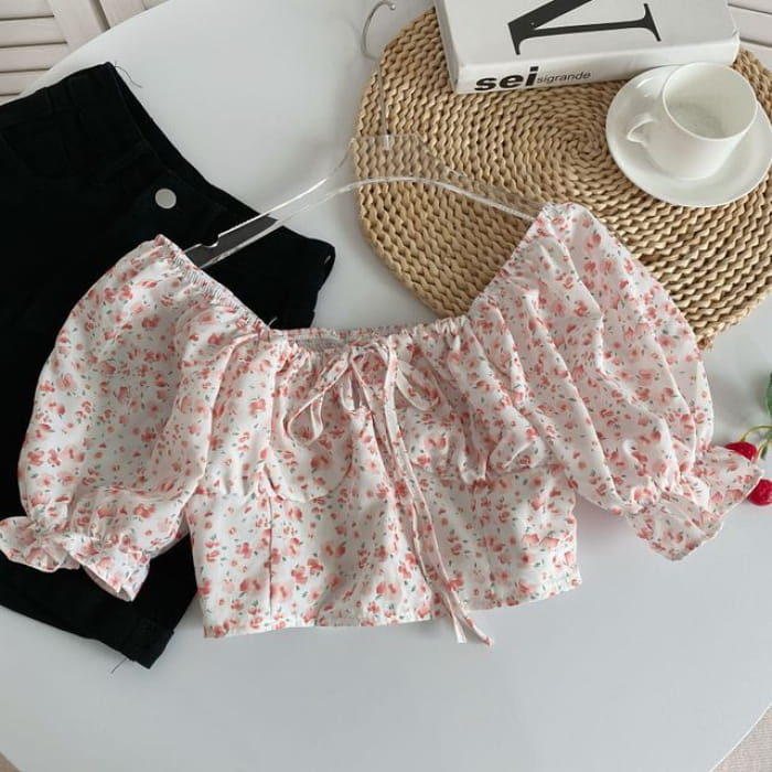 Puff-Sleeve Off Shoulder Crop Blouse - Pink Floral - White