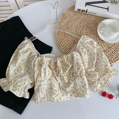 Puff-Sleeve Off Shoulder Crop Blouse - Yellow Floral