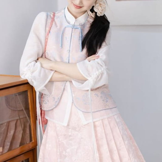 Puff-Sleeve Plain Blouse / Frog Buttoned Hanfu Vest / High