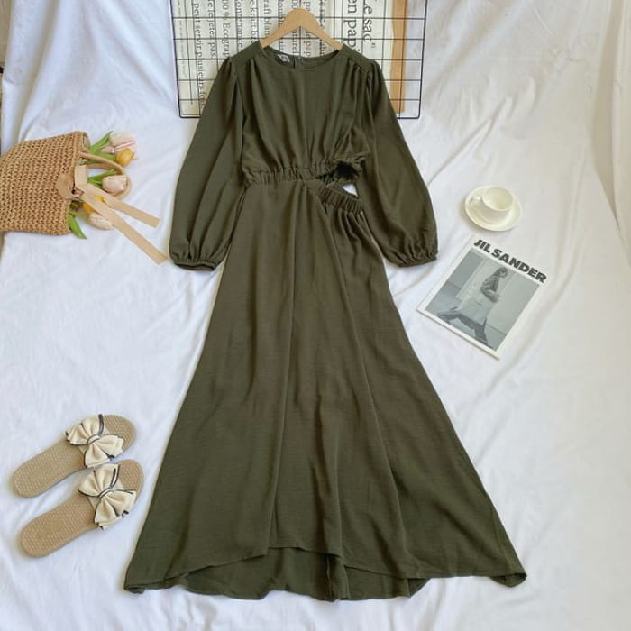 Puff-Sleeve Plain Cutout Midi A-Line Dress - Army Green