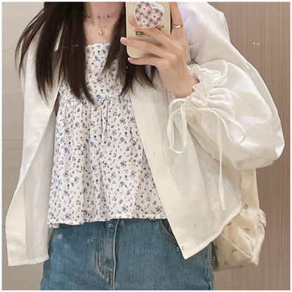 Puff-Sleeve Plain Light Jacket / Floral Flowy Camisole Top