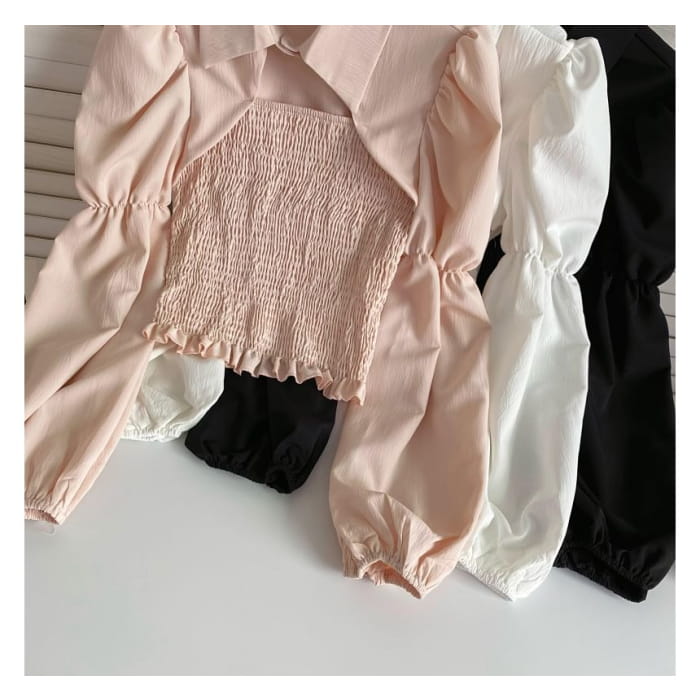 Puff-Sleeve Plain Smocked Shirred Blouse