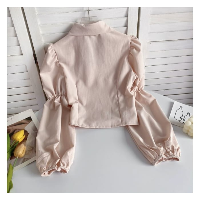 Puff-Sleeve Plain Smocked Shirred Blouse