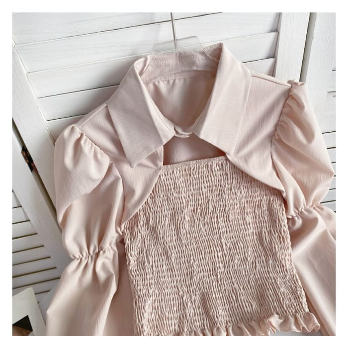 Puff-Sleeve Plain Smocked Shirred Blouse