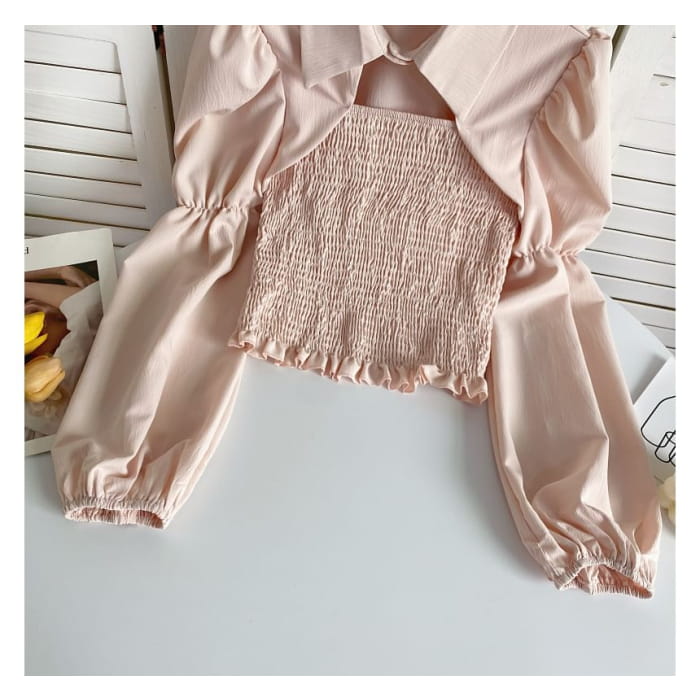 Puff-Sleeve Plain Smocked Shirred Blouse