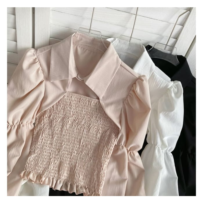 Puff-Sleeve Plain Smocked Shirred Blouse