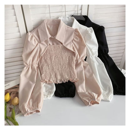 Puff-Sleeve Plain Smocked Shirred Blouse