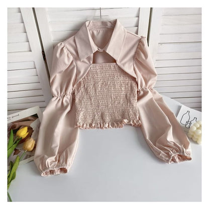 Puff-Sleeve Plain Smocked Shirred Blouse