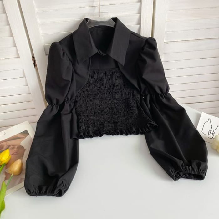 Puff-Sleeve Plain Smocked Shirred Blouse - Black / One Size