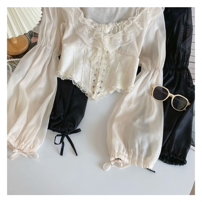 Puff-Sleeve Scoop Neck Lace Ruffle Lace-Up Crop Blouse